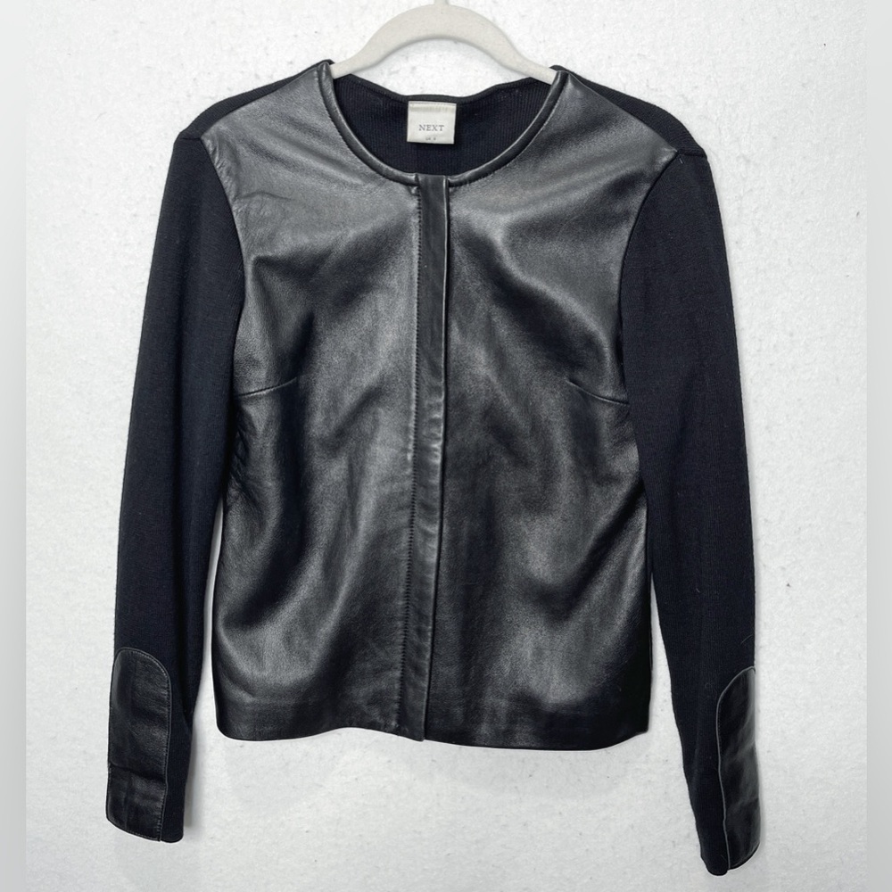 Next Black Wool Leather Long Sleeve Zip Front Moto Jacket UK 8 US 4 Vintage